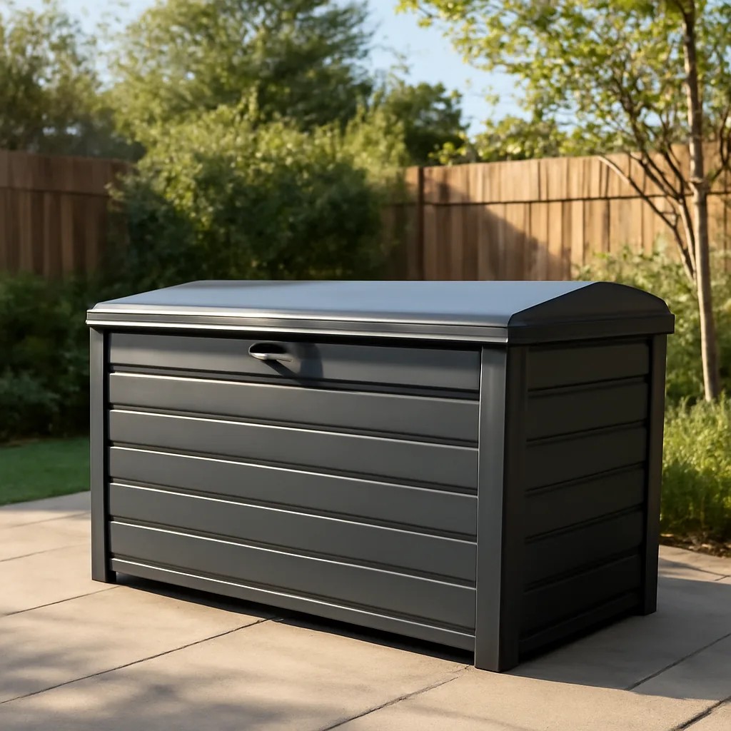 Coffre de rangement extérieur : guide pour bien acheter – Utilisation au jardin (IA)